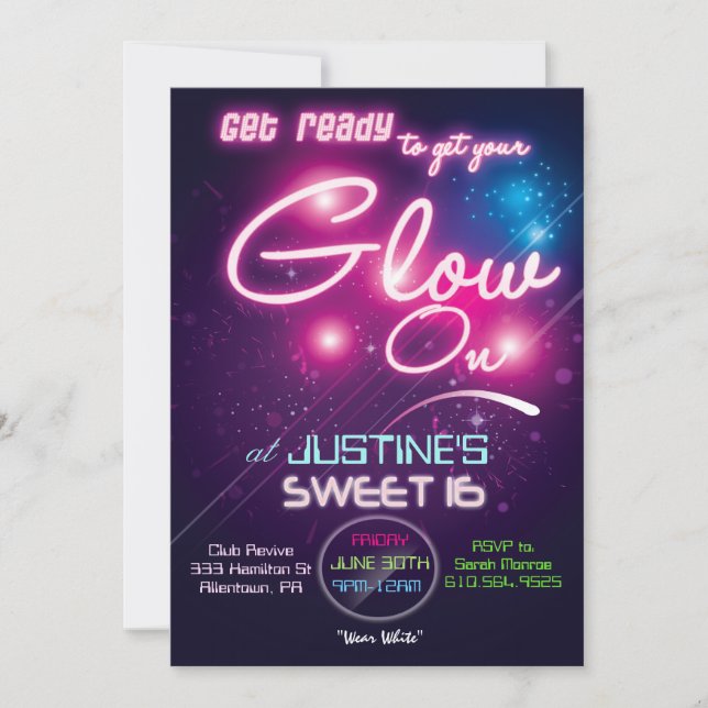 Sweet 16 Glow Party 80s Invitation (Devant)