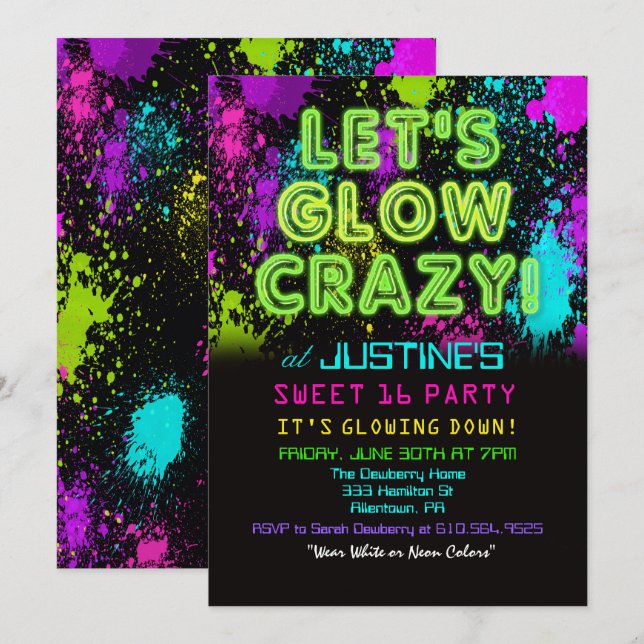Sweet 16 Glow Party Anniversaire Invitation (Devant / Derrière)
