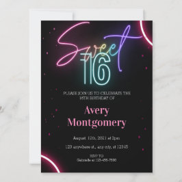 Sweet 16. glühende Neon Geburtstag Einladung