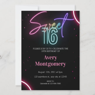 Sweet 16. glühende Neon Geburtstag Einladung