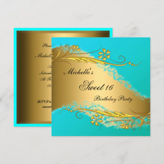Sweet 16 Gold Aquamarin Elegante Einladung