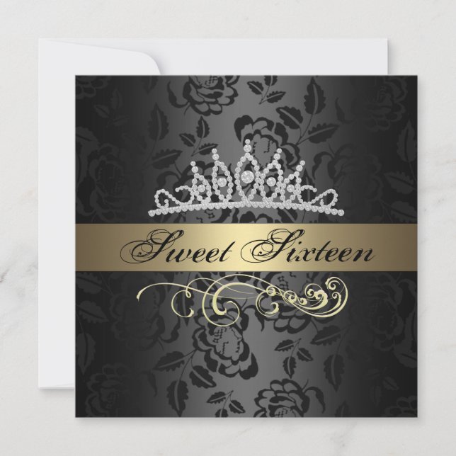 Sweet 16 Gold & Black Tiara Einladung zum Geburtst (Vorderseite)