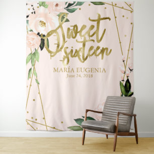 Sweet 16 Gold Foil Blush Pink Floral Hintergrund Wandteppich