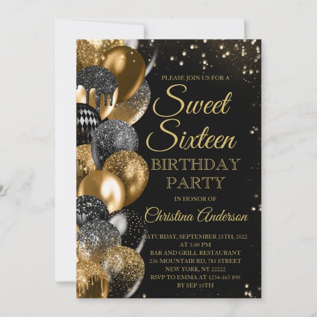 Sweet 16 Gold Glitzer Balloons Glam Birthday Party Einladung (Vorderseite)