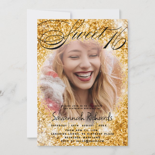Sweet 16 Gold Glitzer & Foto Party Einladung (Vorderseite)