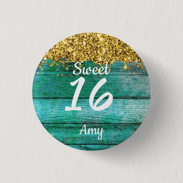 Sweet 16 Gold Glitzer Girly Turquoise Name Button (Vorderseite)