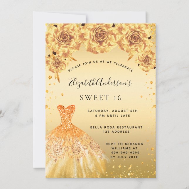 Sweet 16 Gold Glitzer Kleidung Rose Einladung (Vorderseite)