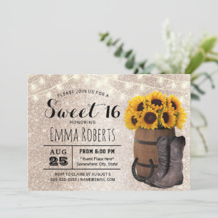 Sweet 16 Gold Glitzer Sonnenblumen Western Cowgirl Einladung