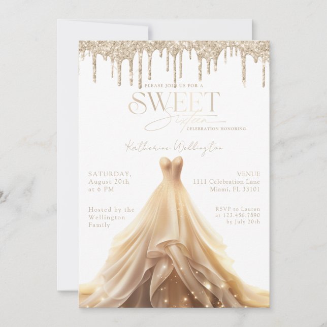 Sweet 16 Gold Glitzer Tropfen Champagner Dress Einladung (Vorderseite)