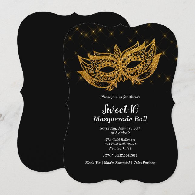 Sweet 16 Gold Masquerade Einladung (Vorne/Hinten)