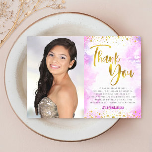 Sweet 16 Gold Pink Watercolor Foto Moderne Girly Dankeskarte