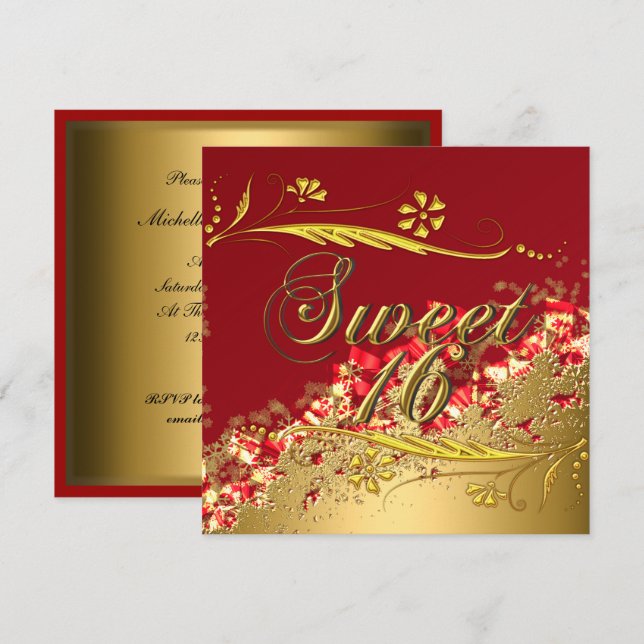 Sweet 16 Gold Red Elegant Invitation (Devant / Derrière)