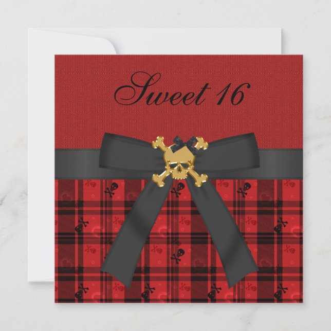 Sweet 16 Gold Skull Black & Red Party Einladungen (Vorderseite)