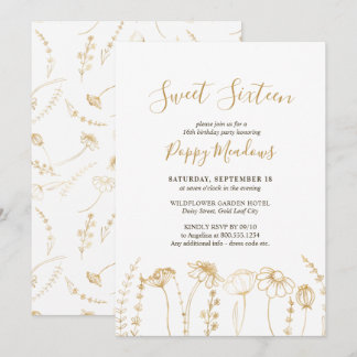 Sweet 16 Gold Wildblume Sketch 16. Geburtstag Einladung
