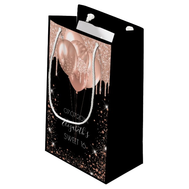 Sweet 16 Goldballons aus schwarzer Rose, Glitzer Kleine Geschenktüte (Rückseite Schrägansicht)