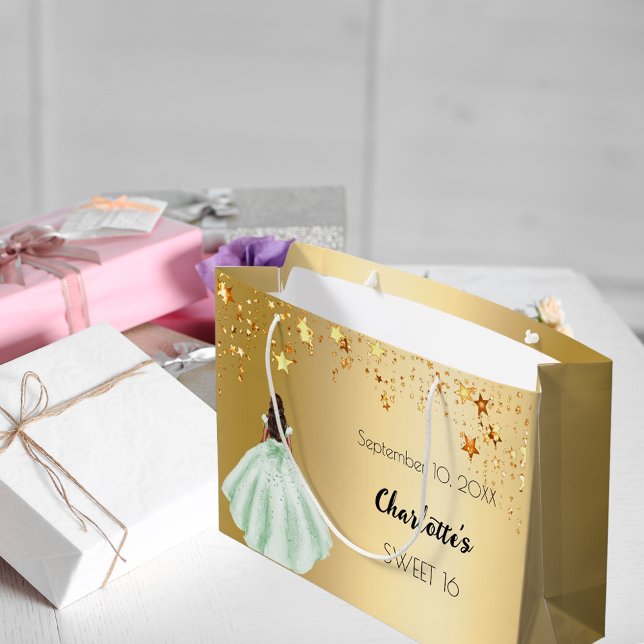 Sweet 16 goldene Sterne grünes Kleid Große Geschenktüte (Von Creator hochgeladen)