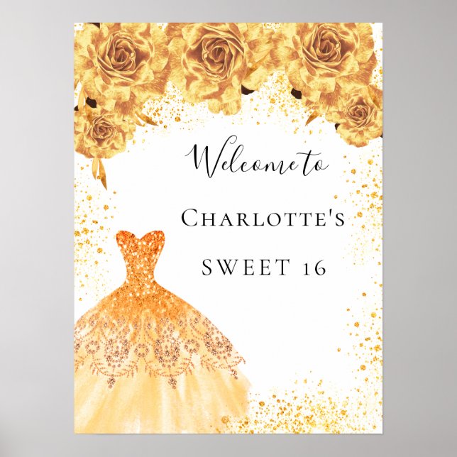 Sweet 16 goldfarbene Kleiderfloralen Party Empfang Poster (Vorne)