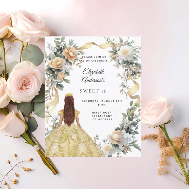 Sweet 16 Goldkleid gelbe Blumen Einladung (Von Creator hochgeladen)