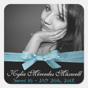 Sweet 16 Grosses Foto mit Niedlichem Blue Glitzer Quadratischer Aufkleber