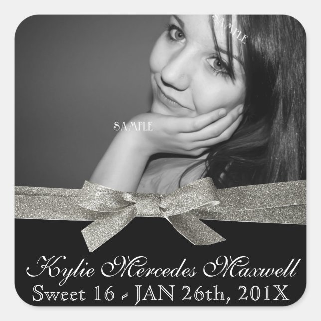 Sweet 16 Grosses Foto mit Silver Glitzer Ribbon Quadratischer Aufkleber (Vorderseite)