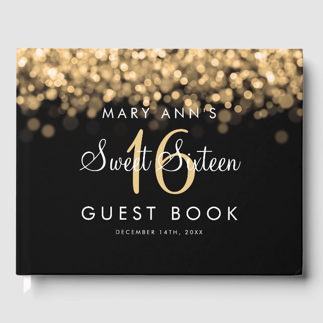 Sweet 16 Guestbook Party Glimmering Gold Lights Gästebuch (Vorderseite)