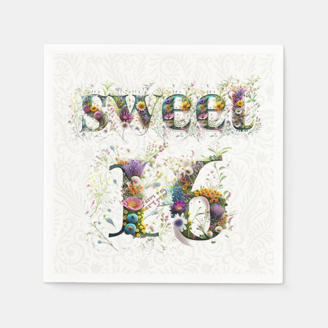 Sweet 16 Happy Birthday Wildblumen Text Serviette (Vorderseite)