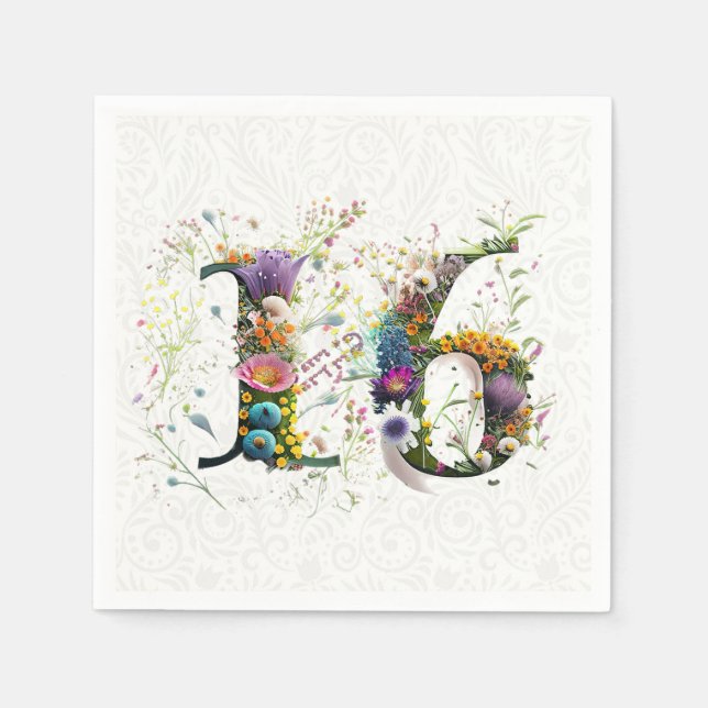 Sweet 16 Happy Birthday Wildblumen Text Serviette (Vorderseite)