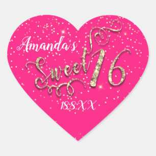 Sweet 16. Heart Glitzer Confetti Royal Pink Herz-Aufkleber