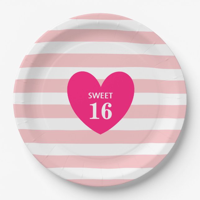 Sweet 16 Heart on Pink & White Striped Paper Plat Pappteller (Vorderseite)