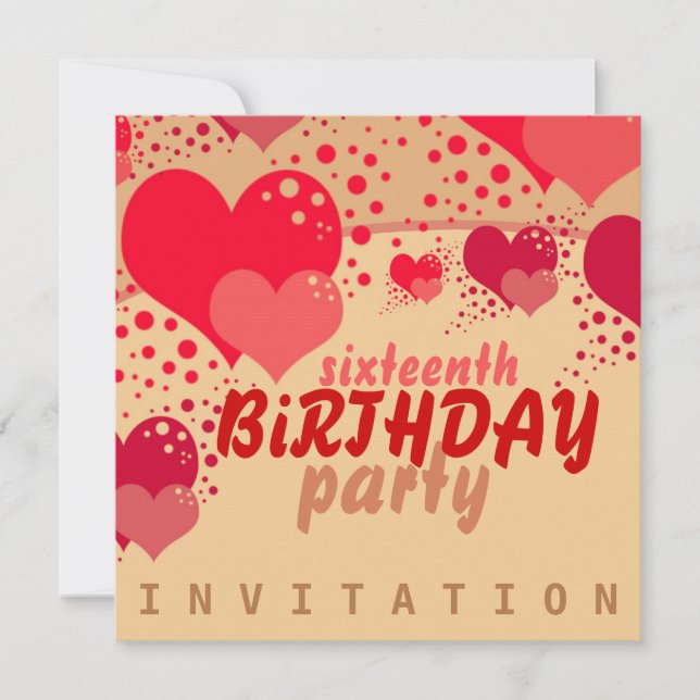 Sweet 16 Hearts Birthday Einladung (Vorderseite)