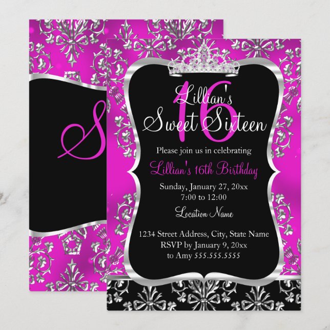 Sweet 16 Hot Pink Black Damask Tiara Einladung (Vorne/Hinten)