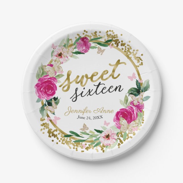 Sweet 16 Hot Pink Floral Butterfly Pappteller (Vorderseite)
