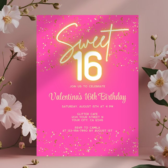  Sweet 16 Hot Pink Neon Glow Gold Glitter Birthday Einladung (Von Creator hochgeladen)