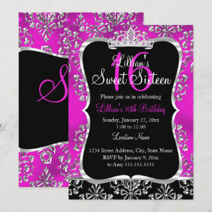 Sweet 16 Hot rose noir Damask Tiara Invitation