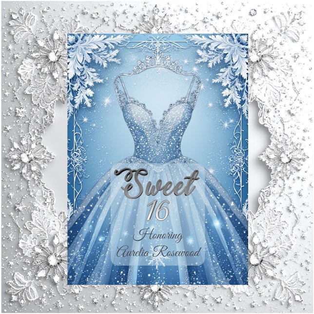 Sweet 16 Icy Blue Silver Winter Frost Snowflakes  Einladung (Sweet 16 Icy Blue Silver Winter Frost Snowflakes Invitation)
