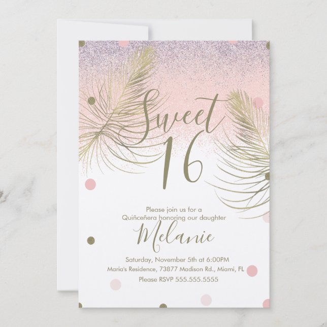 Sweet 16 Imitat Glitzer Dots Gold Feather Pink Kra Einladung (Vorderseite)