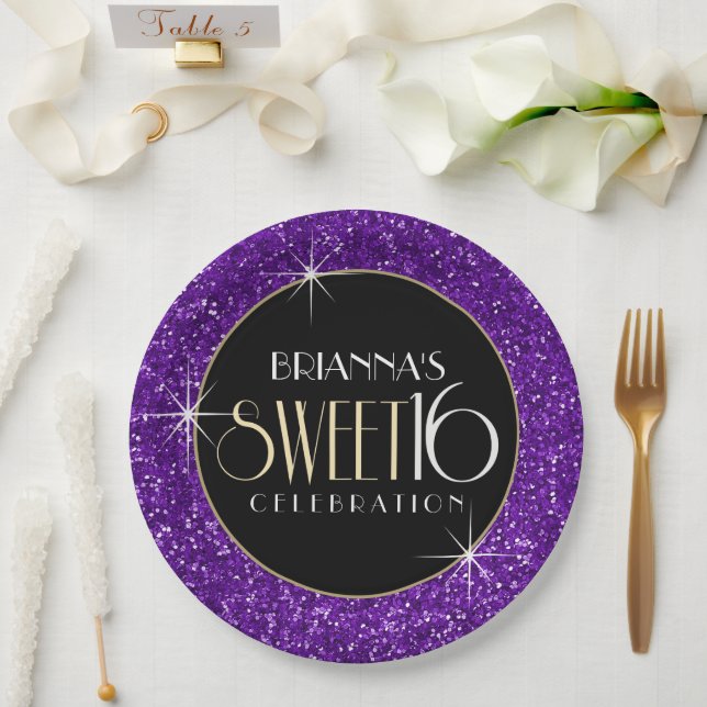 Sweet 16 Imitat Lila Glitzer Pappteller (Hochzeit)