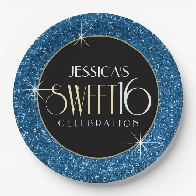 Sweet 16 Imitate Blue Glitzer Pappteller (Vorderseite)