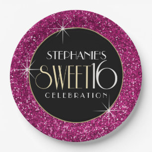 Sweet 16 Imitate Rosa Glitzer Pappteller