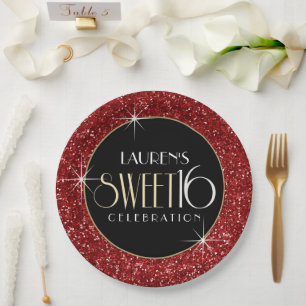 Sweet 16 Imitate Roter Glitzer Pappteller