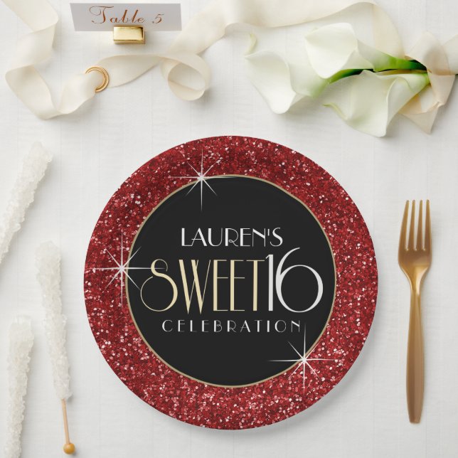 Sweet 16 Imitate Roter Glitzer Pappteller (Hochzeit)