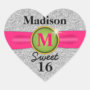 Sweet 16 Imitats Ribbon Jewel Silver Glitzer Herz Herz-Aufkleber