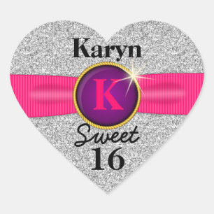 Sweet 16 Imitats Ribbon Jewel Silver Glitzer Herz Herz-Aufkleber