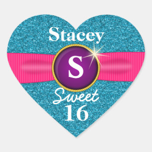 Sweet 16 Imitats Ribbon Jewel Türkis Glitzer Herz Herz-Aufkleber