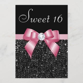 Sweet 16 Imitats Sequins Diamonds Bow Black Pink Einladung