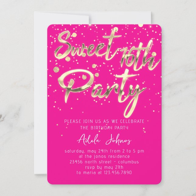 Sweet 16. Instant Download Gold Confetti Pink Einladung (Vorderseite)