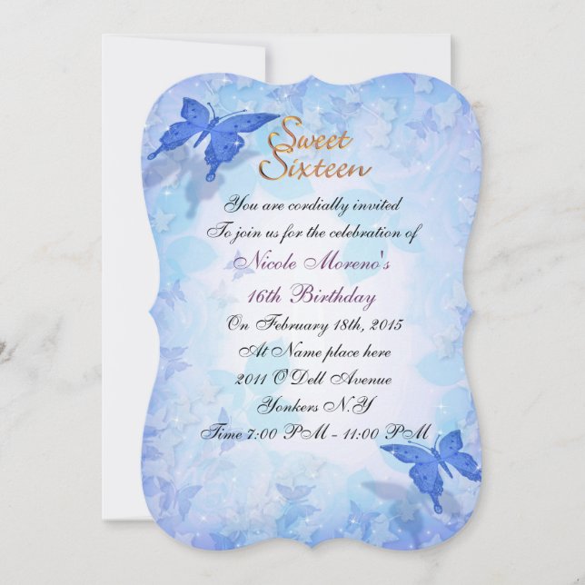 Sweet 16 invitation Blue butterflies Einladung (Vorderseite)