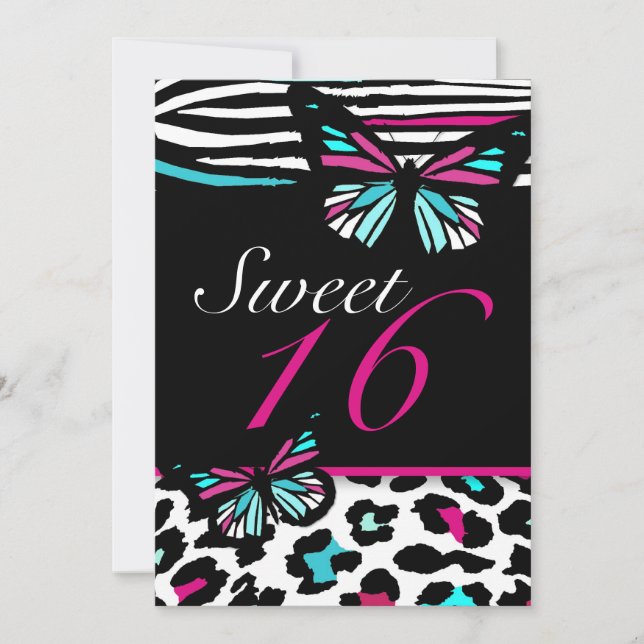Sweet 16 Invitation Bright Butterfly & Zebra Print (Devant)