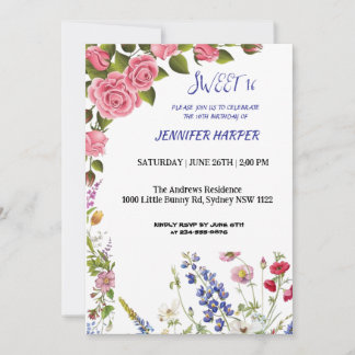 Sweet 16 Invitation d'anniversaire avec roses rose