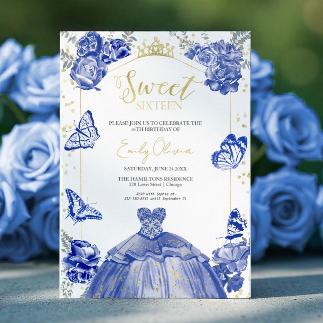 Sweet 16 Invitation Robe Bleue Royale Papillon (Créateur téléchargé)